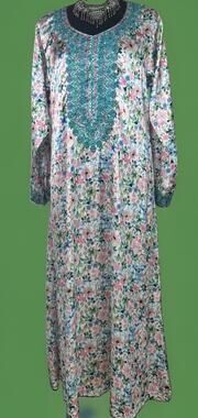 Vintage Embroidered Satin Caftan | Boho Hostess Gown | Glam Duster | Resortwear